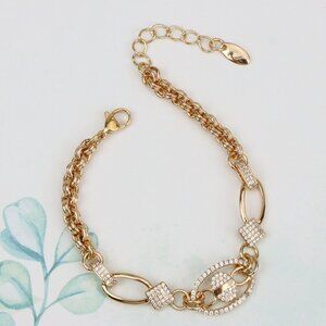 "Rose Gold Chain Bracelet with Oval Crystal Charm & Textured Links, XPBL0927